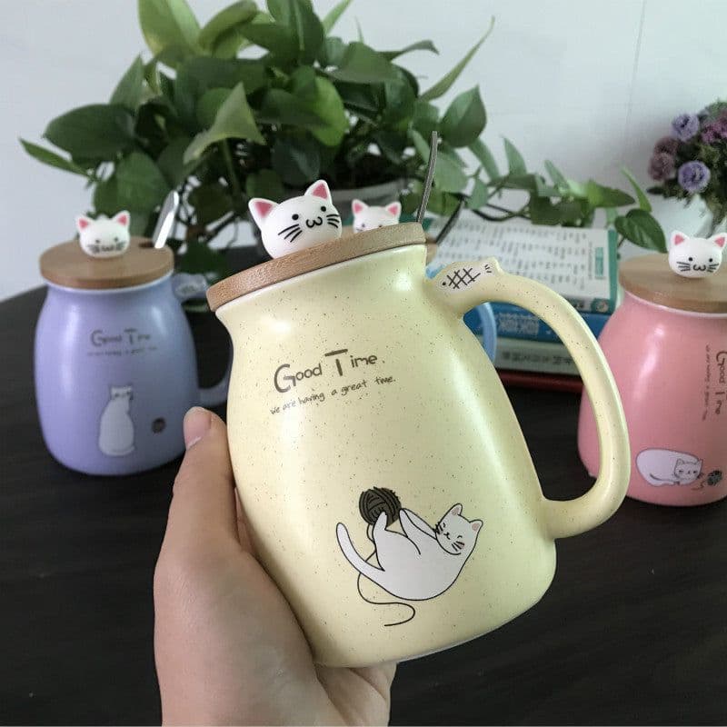 image-Ceramic Cat Mug with Lid and Spoon 450ml
