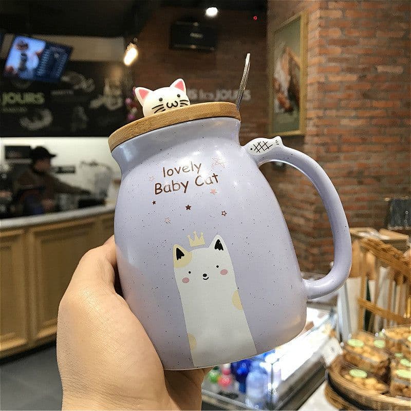 image-Ceramic Cat Mug with Lid and Spoon 450ml