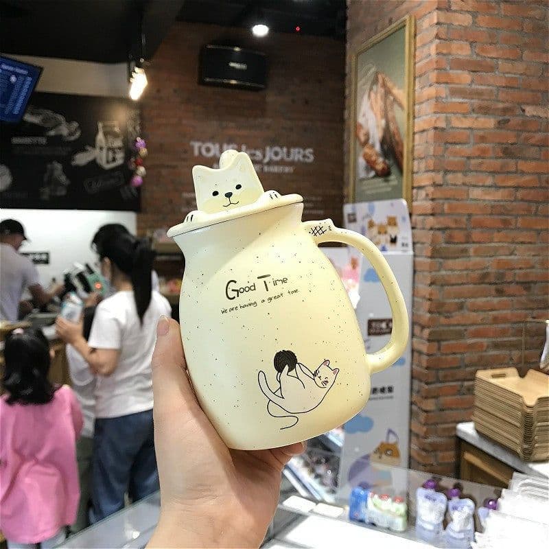 image-Ceramic Cat Mug with Lid and Spoon 450ml