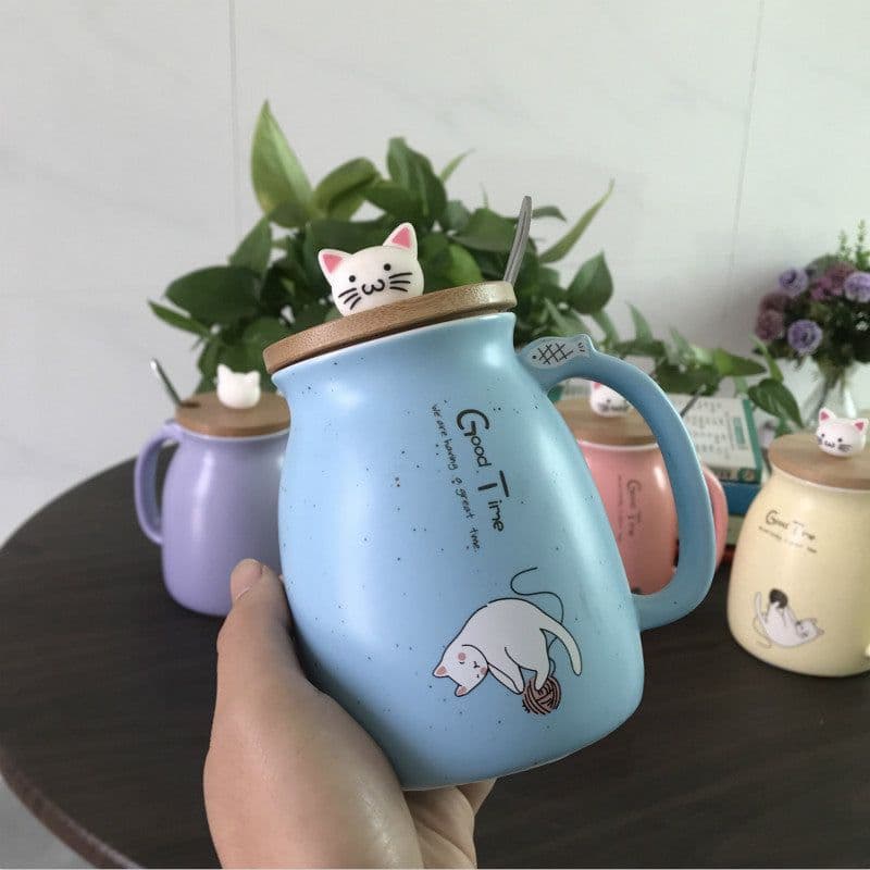 image-Ceramic Cat Mug with Lid and Spoon 450ml