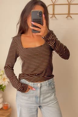image-White Stripe Square Neck Long Sleeve Top
