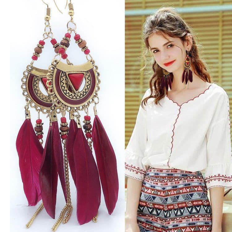 image-Bohemian Retro Feather Tassel Earrings - White Alloy Jewelry 2021