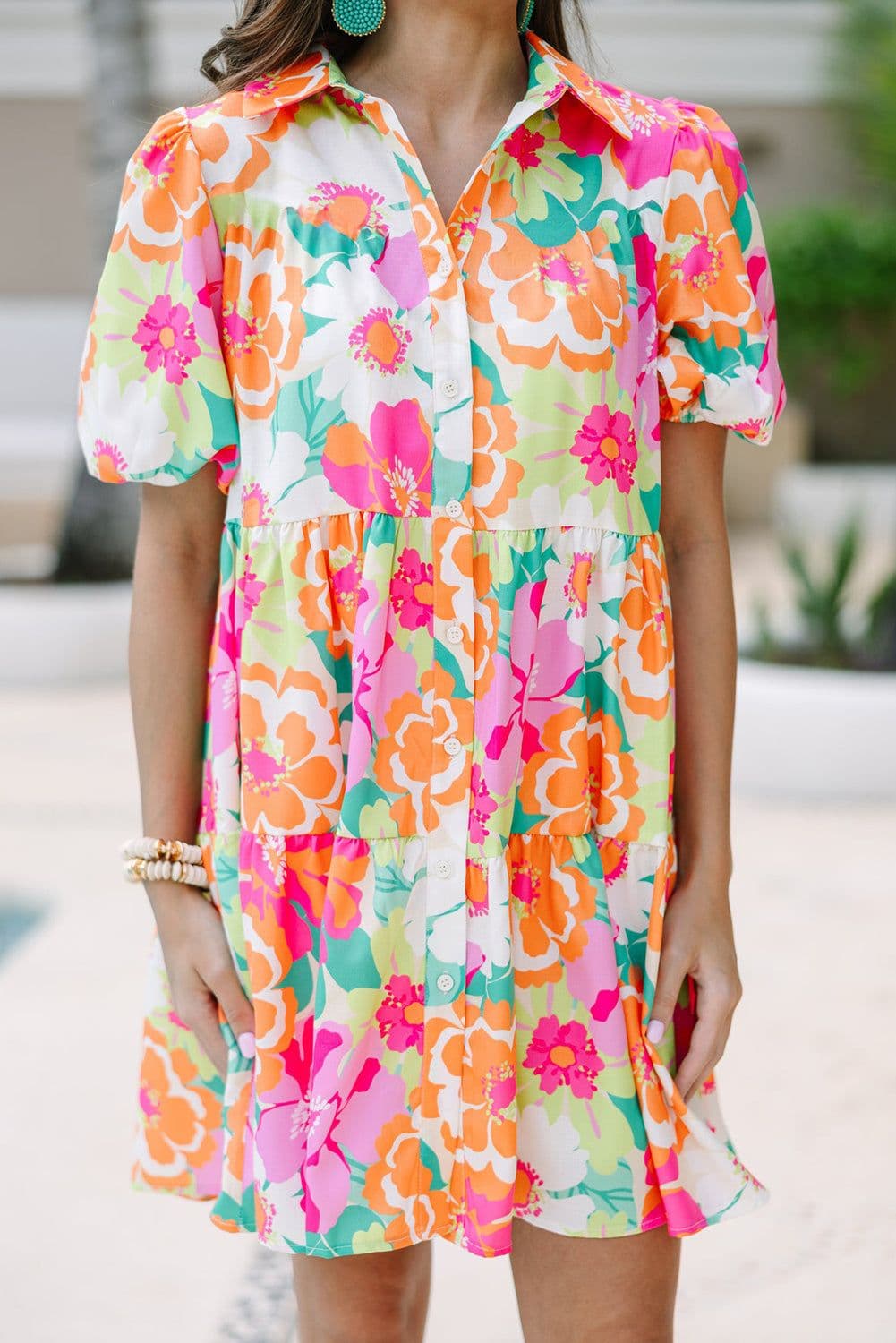 image-Pink Floral Puff Sleeve Collar Buttoned Babydoll Dress