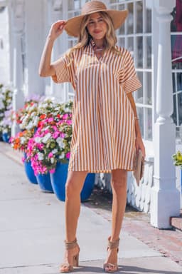 image-Brown Stripe Pinched V Neck Turn-up Cuffs Shift Mini Dress