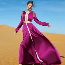 image-BA7023 Rose Red V-Neck Long Dress with Epaulettes