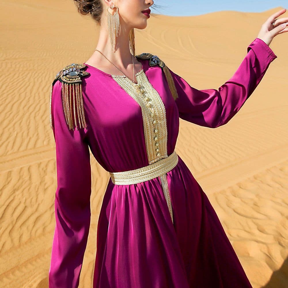 image-BA7023 Rose Red V-Neck Long Dress with Epaulettes