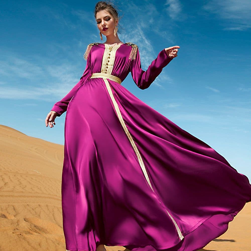 image-BA7023 Rose Red V-Neck Long Dress with Epaulettes