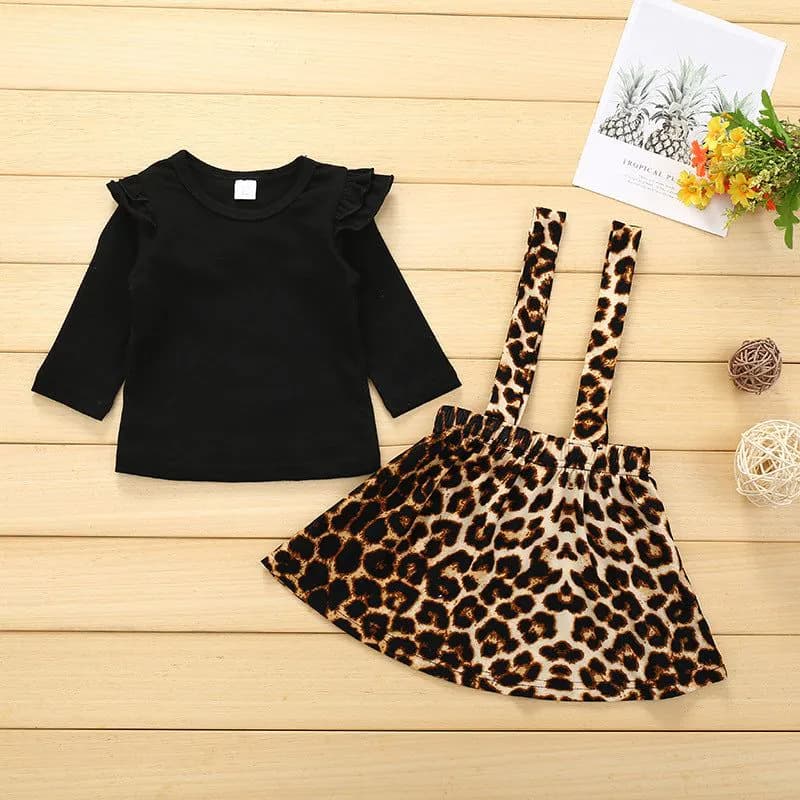 image-Children's Cotton Leopard Print Pullover Skirt Suit