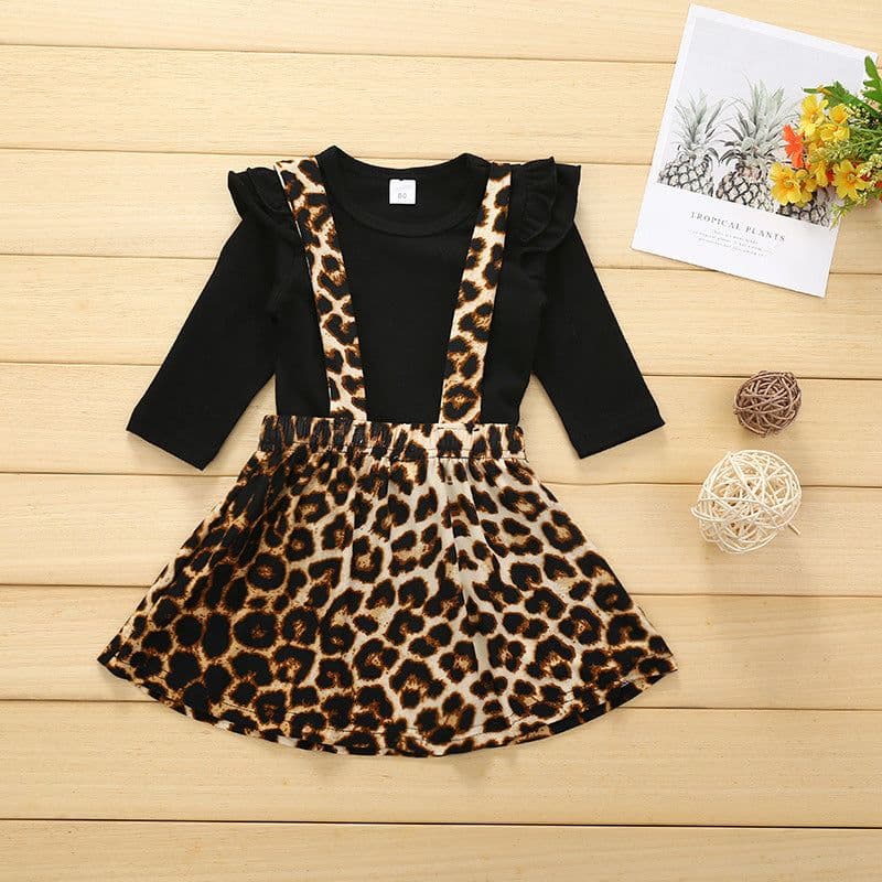 image-Children's Cotton Leopard Print Pullover Skirt Suit