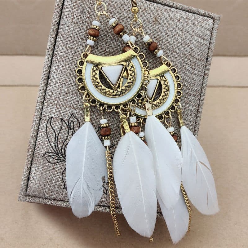 image-Bohemian Retro Feather Tassel Earrings - White Alloy Jewelry 2021