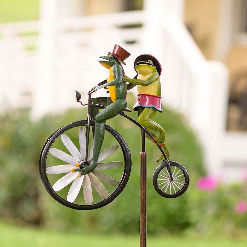 image-Frog Bike Animal Motorcycle Metal Wrought Iron Floor Crafts Decoration Garden Pile Courtyard Decoration Windmill