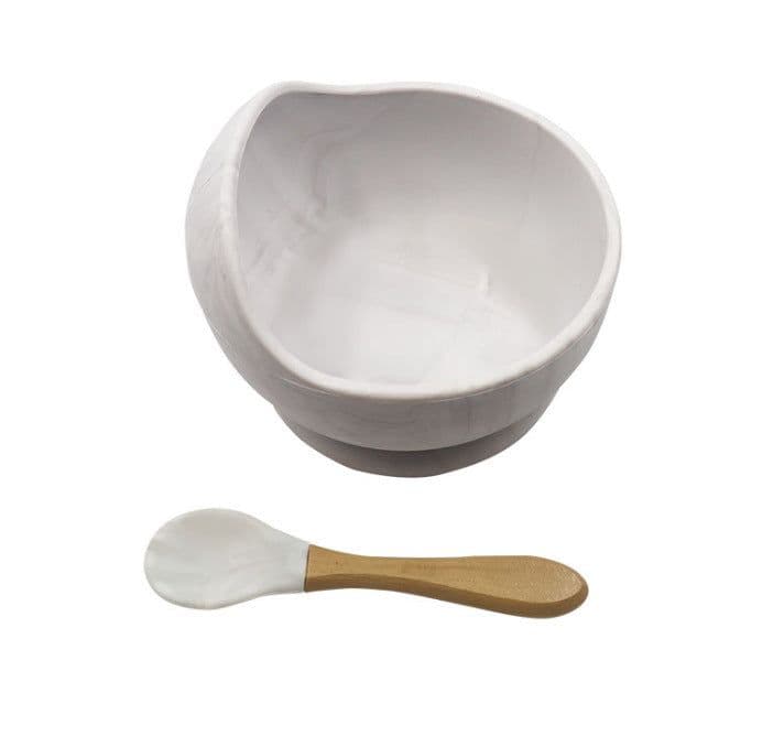 image-Silicone Suction Bowl & Spoon Set - Marble 2pc