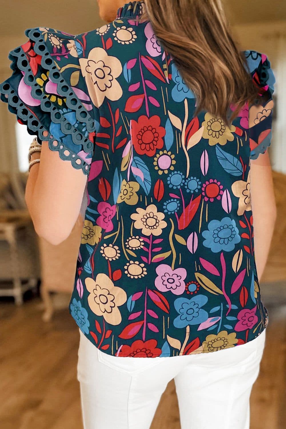 image-Floral Blouse - Green Trimmed Ruffle Sleeves Summer Top - Sizes Available