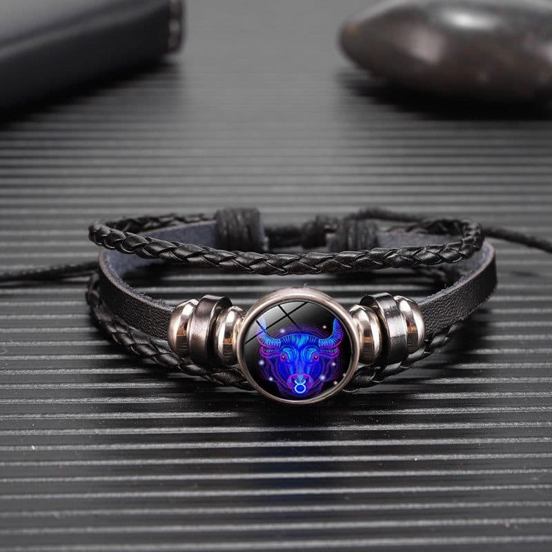 image-Cross-border Hot Sale European and American Retro Twelve Constellation Leather Rope Men's Bracelet Luminous Starry Sky 12 Constellation Bracelet
