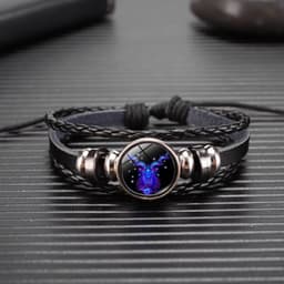 image-Cross-border Hot Sale European and American Retro Twelve Constellation Leather Rope Men's Bracelet Luminous Starry Sky 12 Constellation Bracelet