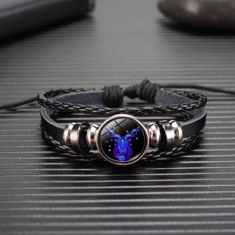 image-Cross-border Hot Sale European and American Retro Twelve Constellation Leather Rope Men's Bracelet Luminous Starry Sky 12 Constellation Bracelet