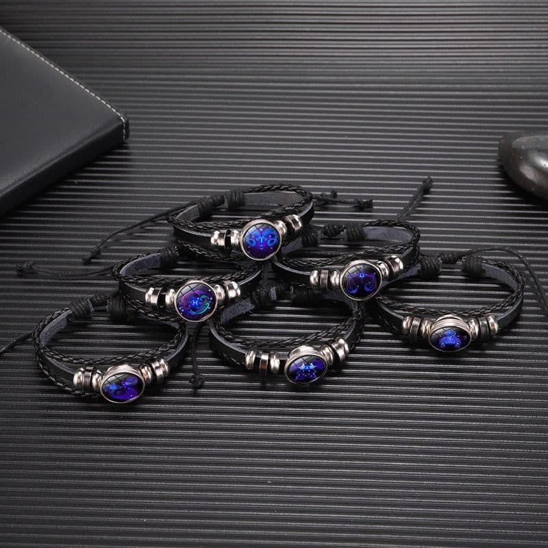 image-Cross-border Hot Sale European and American Retro Twelve Constellation Leather Rope Men's Bracelet Luminous Starry Sky 12 Constellation Bracelet