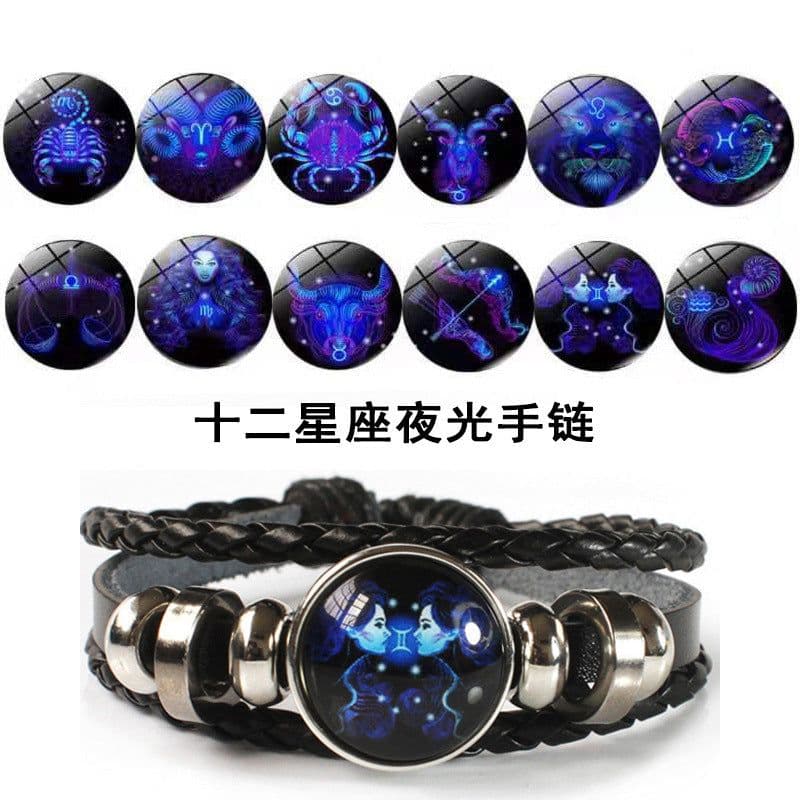 image-Cross-border Hot Sale European and American Retro Twelve Constellation Leather Rope Men's Bracelet Luminous Starry Sky 12 Constellation Bracelet