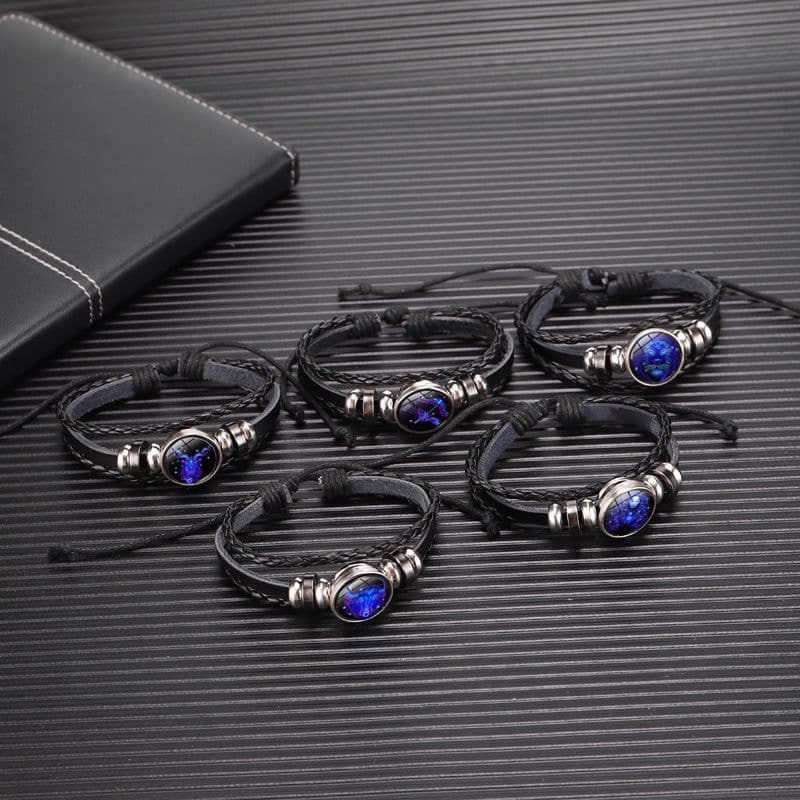image-Cross-border Hot Sale European and American Retro Twelve Constellation Leather Rope Men's Bracelet Luminous Starry Sky 12 Constellation Bracelet