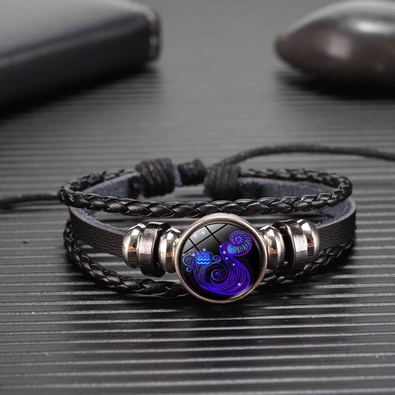image-Cross-border Hot Sale European and American Retro Twelve Constellation Leather Rope Men's Bracelet Luminous Starry Sky 12 Constellation Bracelet
