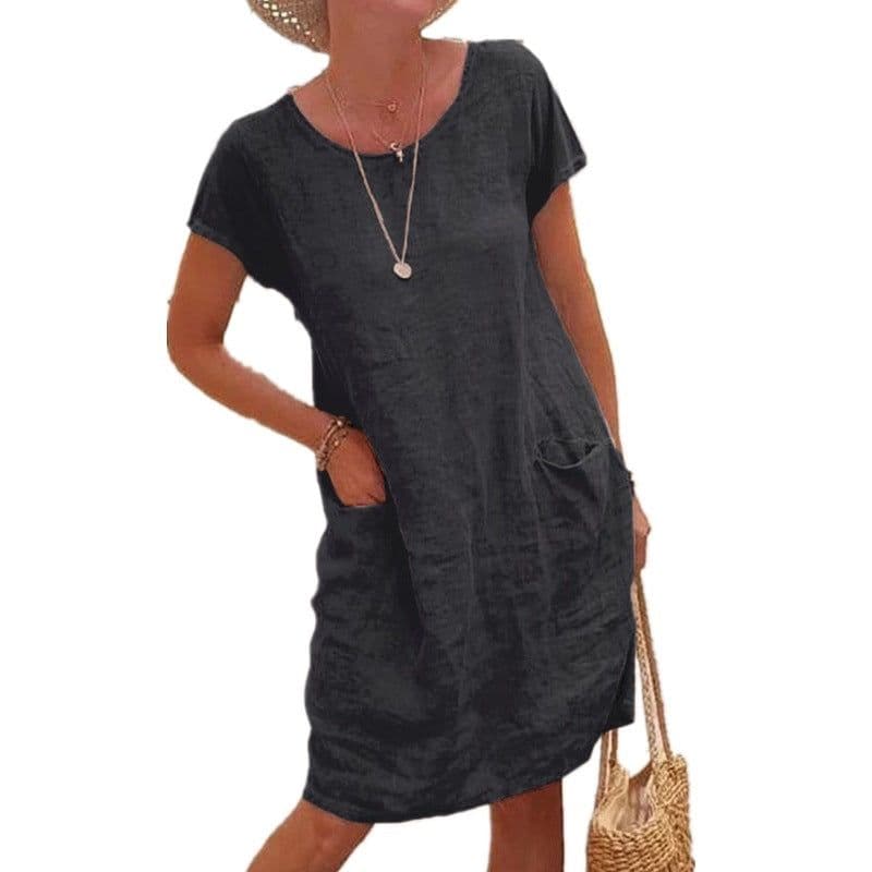image-2022 ebay independent station wish new summer loose solid color pocket short-sleeved round neck cotton linen dress women's clothing