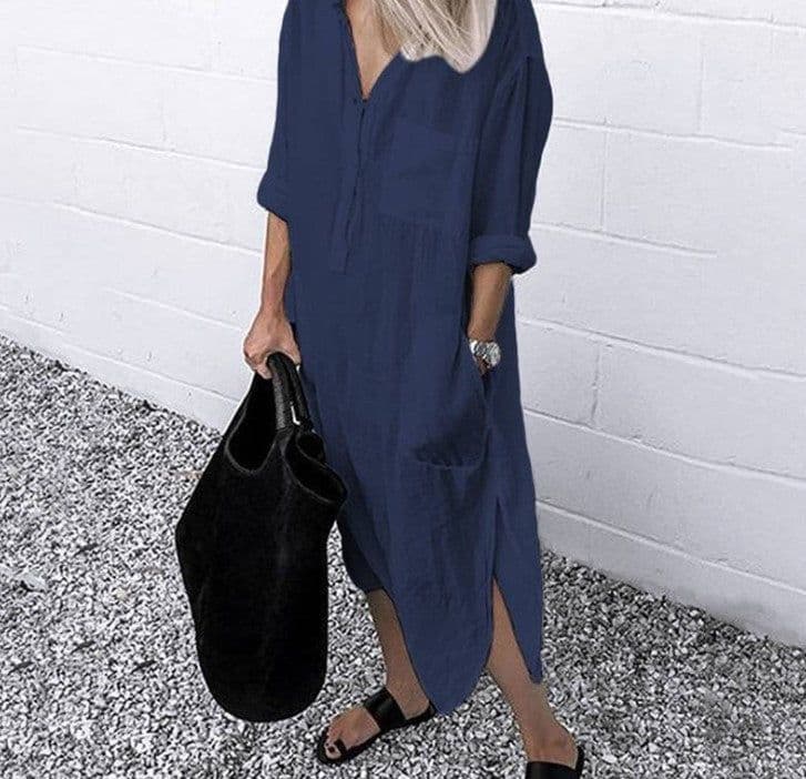 image-Cross-border hot style 2022 summer and autumn elegant solid color slit dress simple buttoned long shirt skirt spot