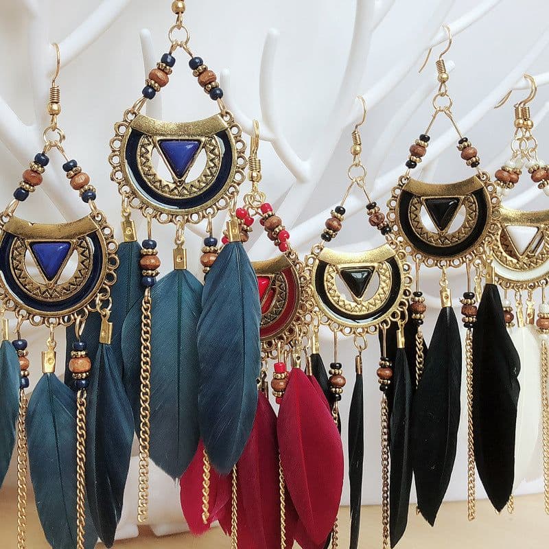image-Bohemian Retro Feather Tassel Earrings - White Alloy Jewelry 2021