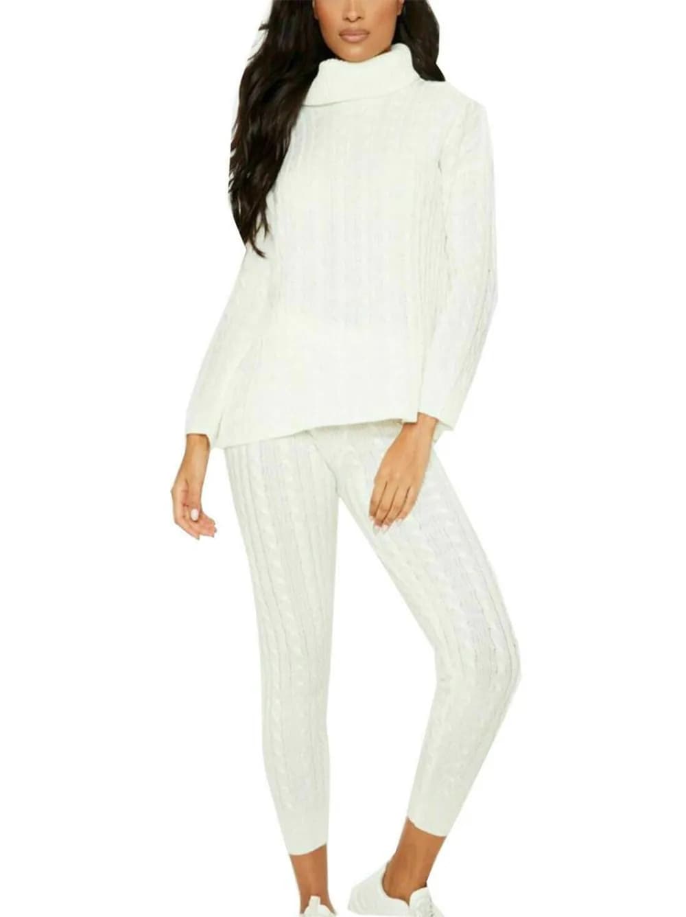 image-Ladies Chunky Knitted Ribbed Polo High Neck Top Leggings Loungewear Suit Set