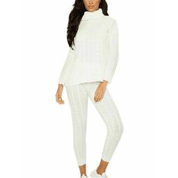 image-Ladies Chunky Knitted Ribbed Polo High Neck Top Leggings Loungewear Suit Set