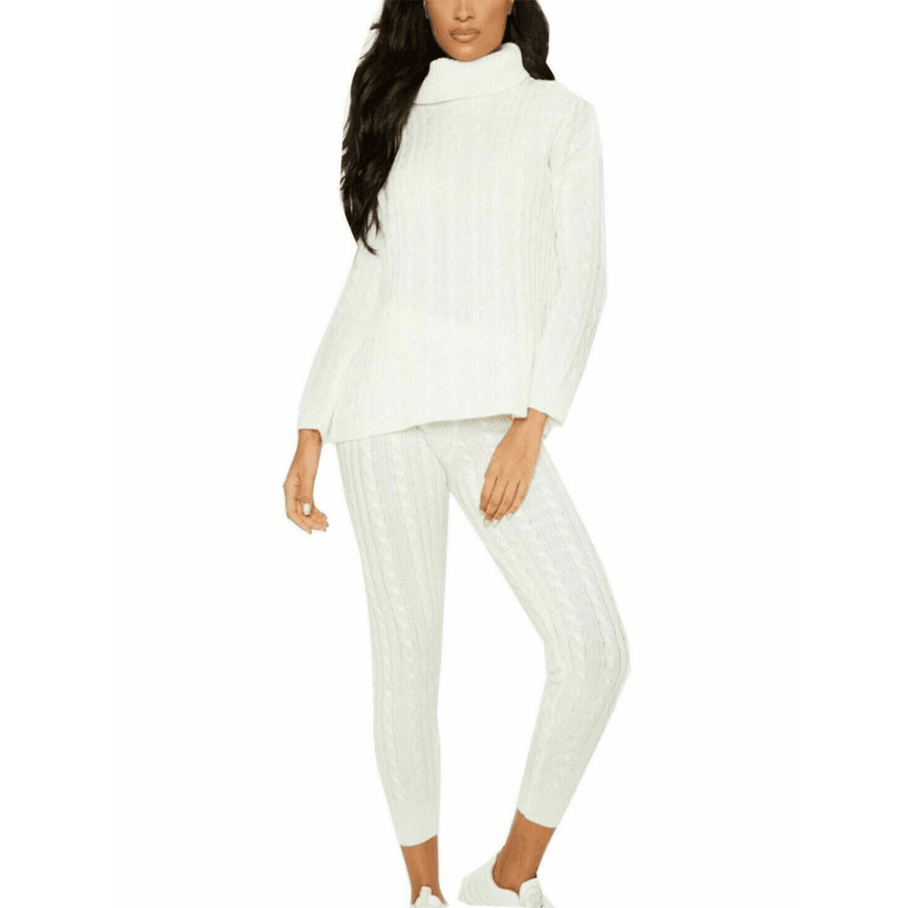 image-Ladies Chunky Knitted Ribbed Polo High Neck Top Leggings Loungewear Suit Set