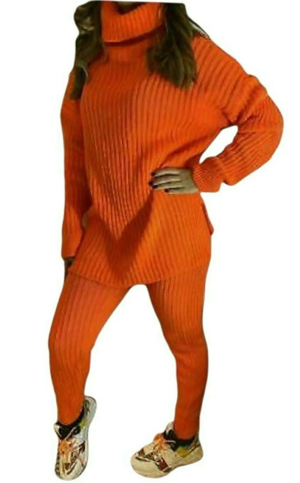 image-Ladies Chunky Knitted Ribbed Polo High Neck Top Leggings Loungewear Suit Set