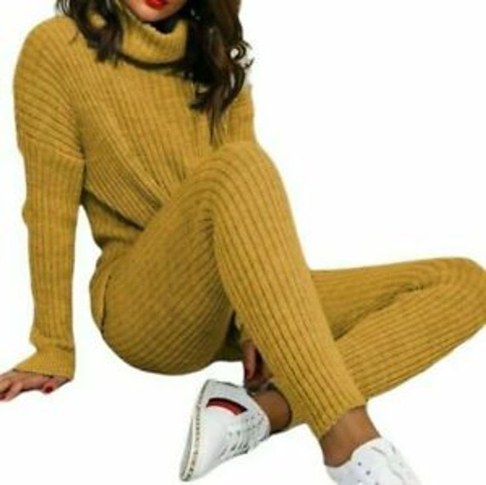 image-Ladies Chunky Knitted Ribbed Polo High Neck Top Leggings Loungewear Suit Set