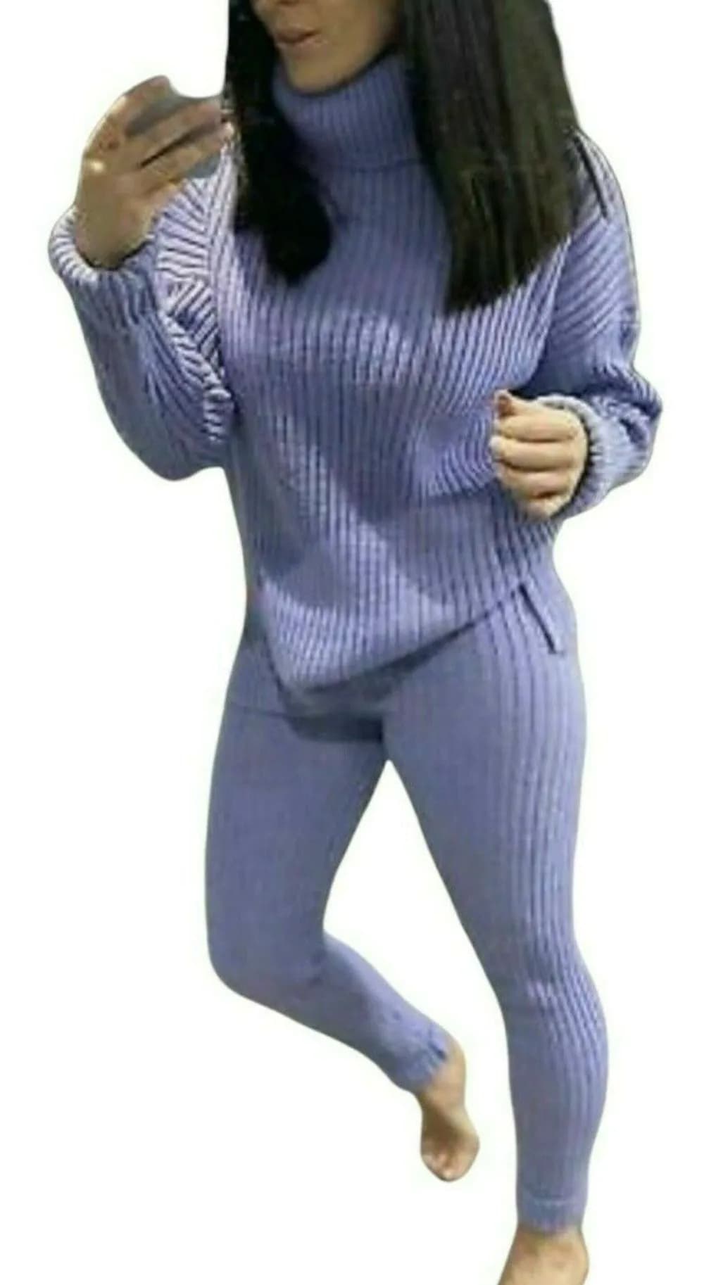 image-Ladies Chunky Knitted Ribbed Polo High Neck Top Leggings Loungewear Suit Set