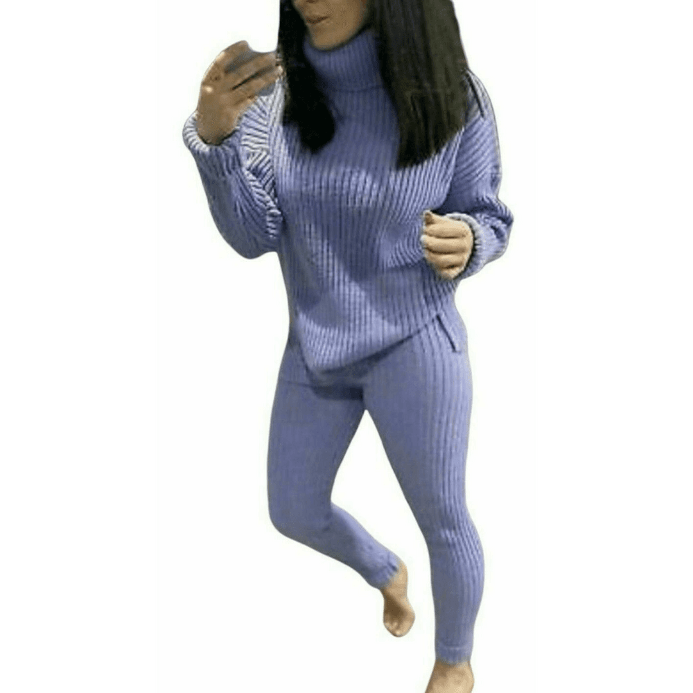 image-Ladies Chunky Knitted Ribbed Polo High Neck Top Leggings Loungewear Suit Set