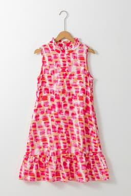 image-Pink Abstract Print Frilly Neck Sleeveless Mini Dress