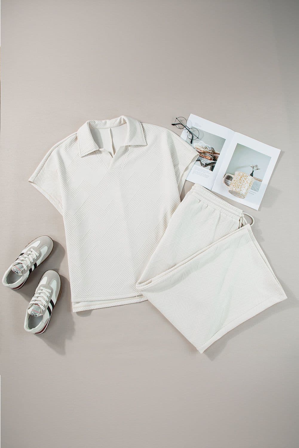 image-Beige Plus Size Textured Collared Top and Pants Set