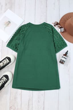 image-Khaki Contrast Lace Raglan Sleeve Tee - Casual Short Sleeve Top