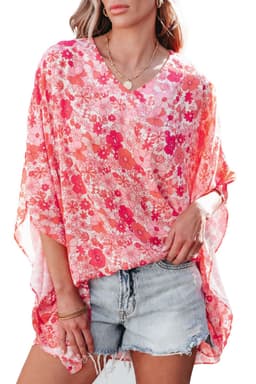 image-Pink Boho Floral V Neck Kimono Blouse - Oversized