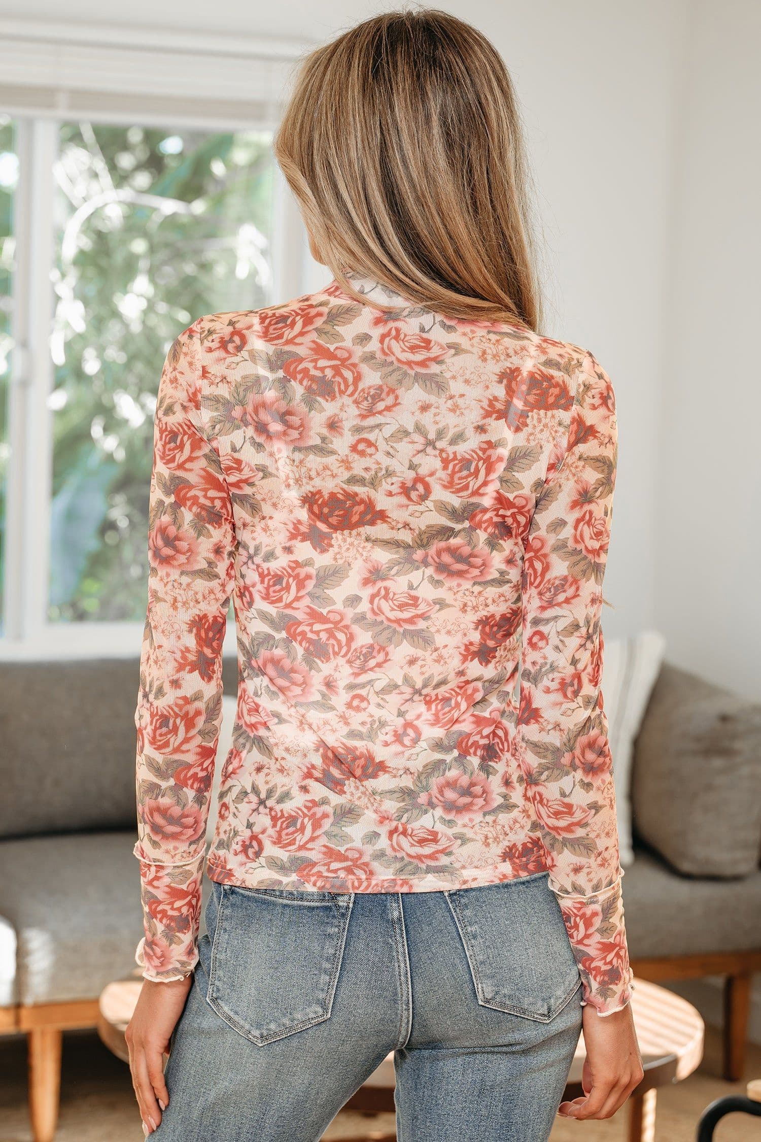 image-White Retro Floral Print Mock Neck Mesh Long Sleeve Top