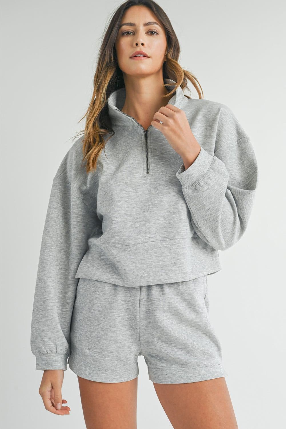 image-Light Grey Zipped Sweatshirt and Shorts Set - Two-Piece Trendy Outfit