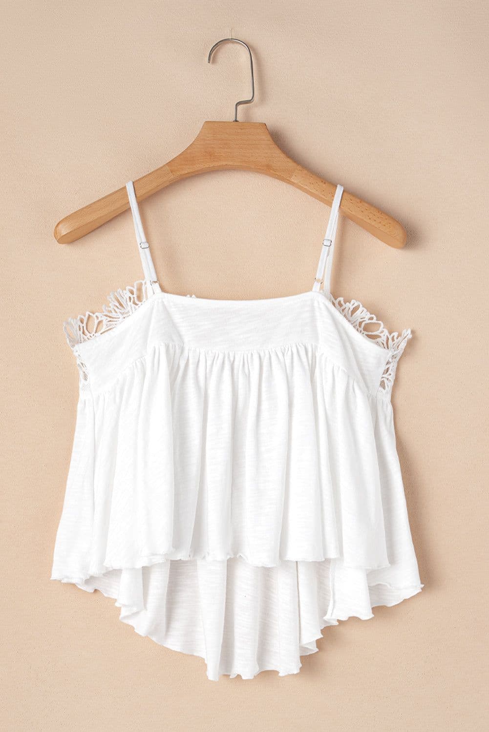 image-White Lace Splicing Spaghetti Straps Ruffle Flared Tank Top