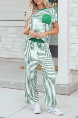 image-Khaki Stripe Crew Neck Tee Drawstring Waist Cropped Pants Set