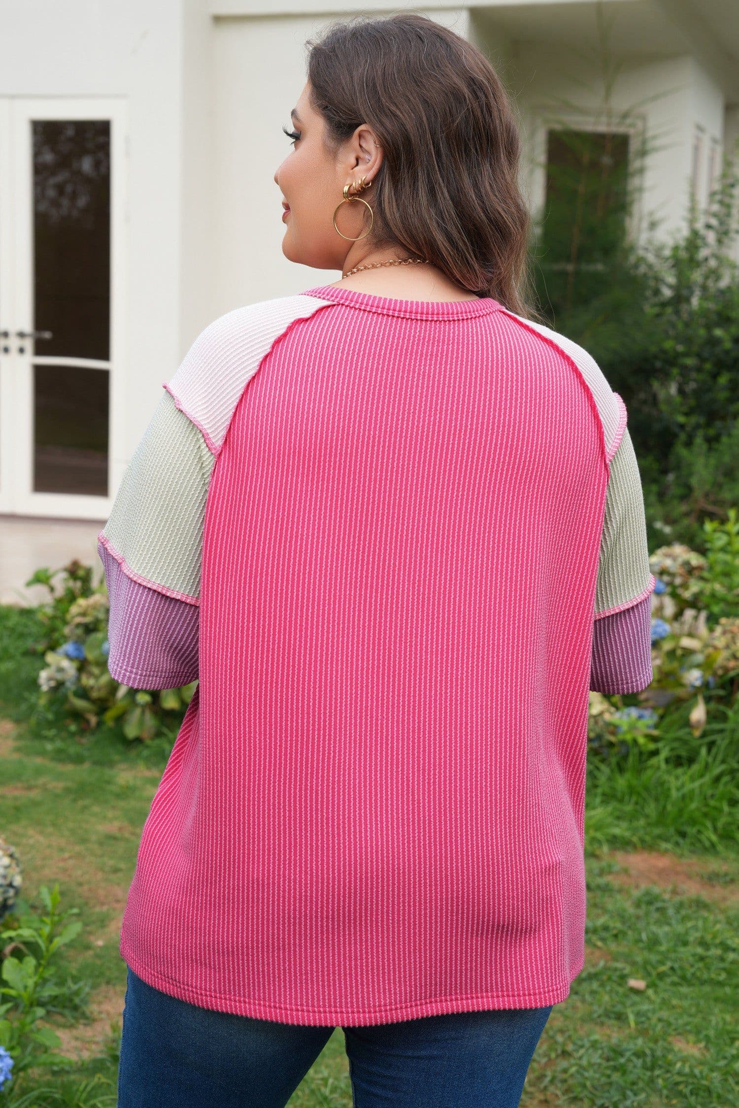 image-Plus Size Twisted Rib Color Block Henley Top - Bright Pink