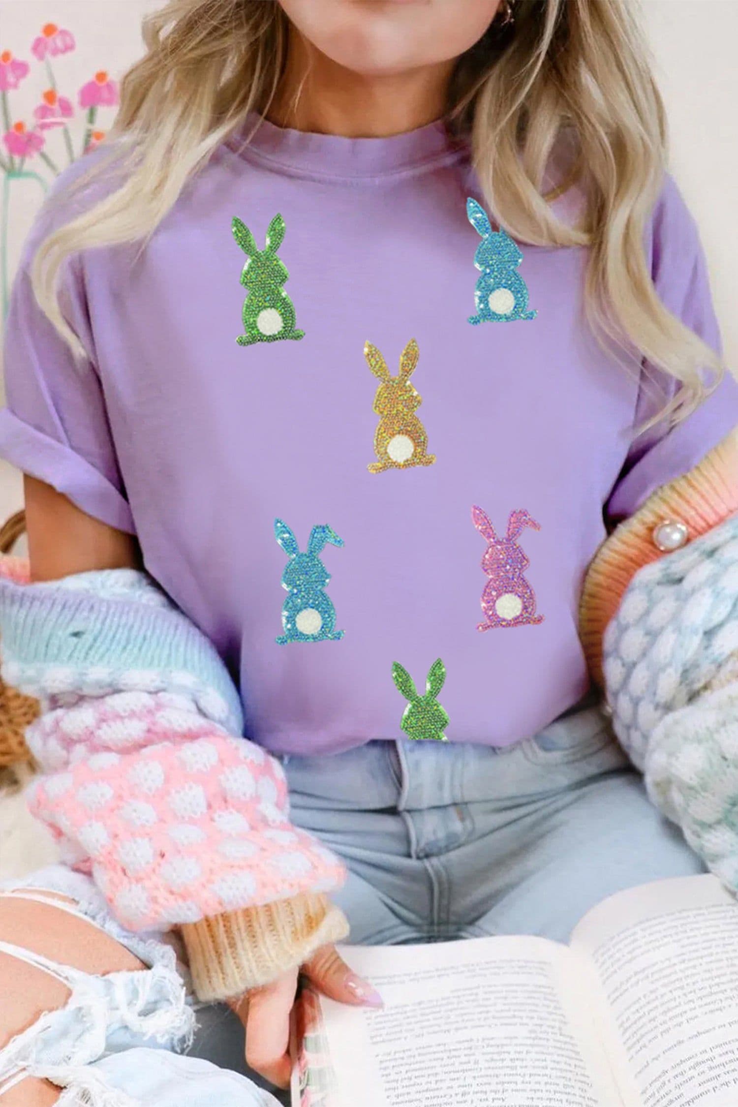 image-Wisteria Sequin Easter Bunny Patched Tee
