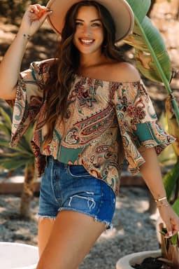 image-Apricot Paisley Off Shoulder Blouse - Ruffled Sleeves