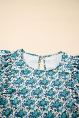 image-Green Abstract Print Shirred Cuff Puff Sleeve Blouse