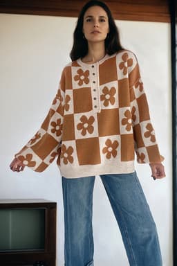 image-Thai Curry Flower Plaid Henley Baggy Sweater