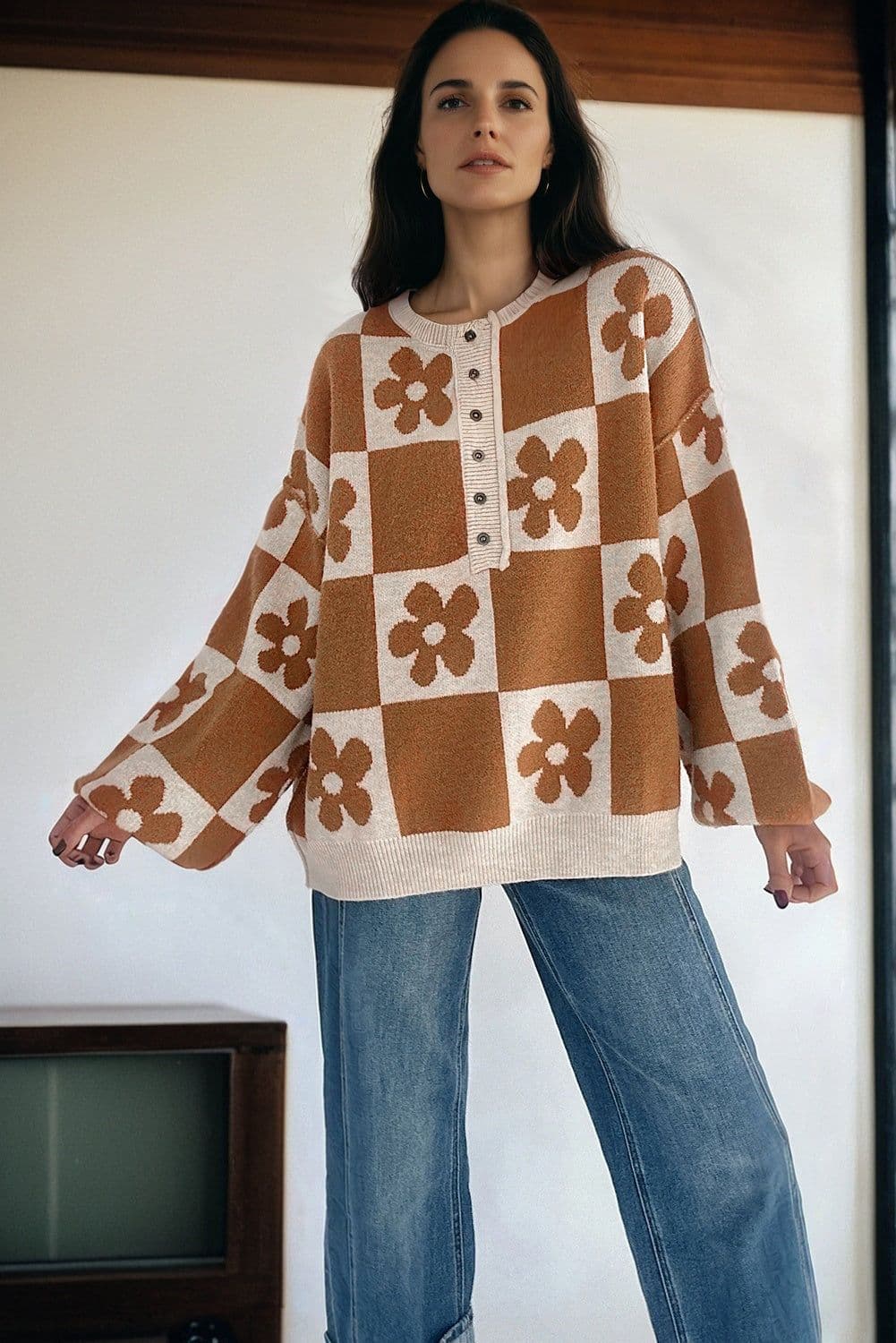image-Thai Curry Flower Plaid Henley Baggy Sweater