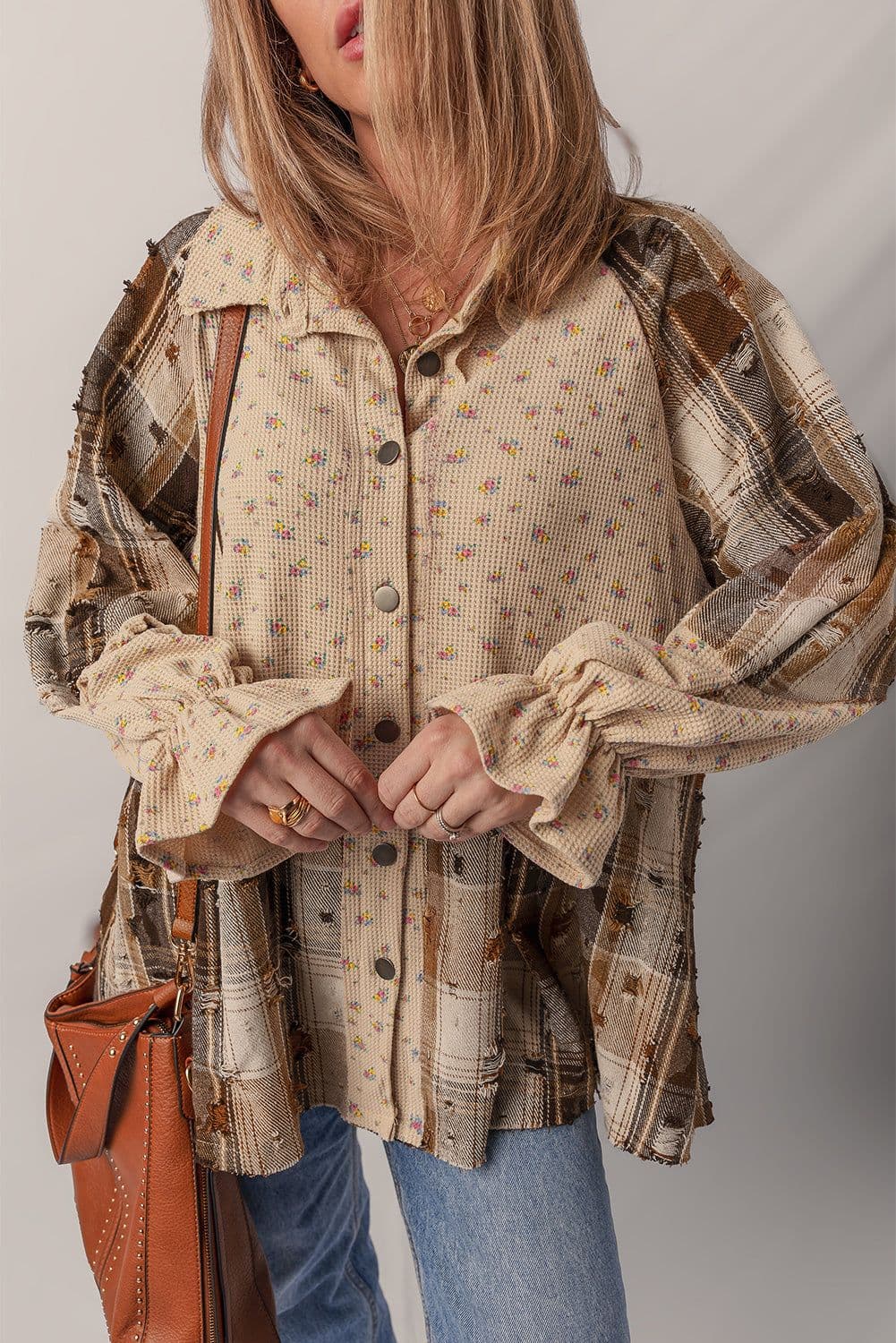 image-Mist Green Boho Floral Plaid Patchwork Distressed Detail Ruffled Sleeve Waffle Knit Shacket