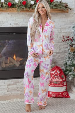 image-Pink Striped Bow Print Pajama Set - Piped Trim 2PC